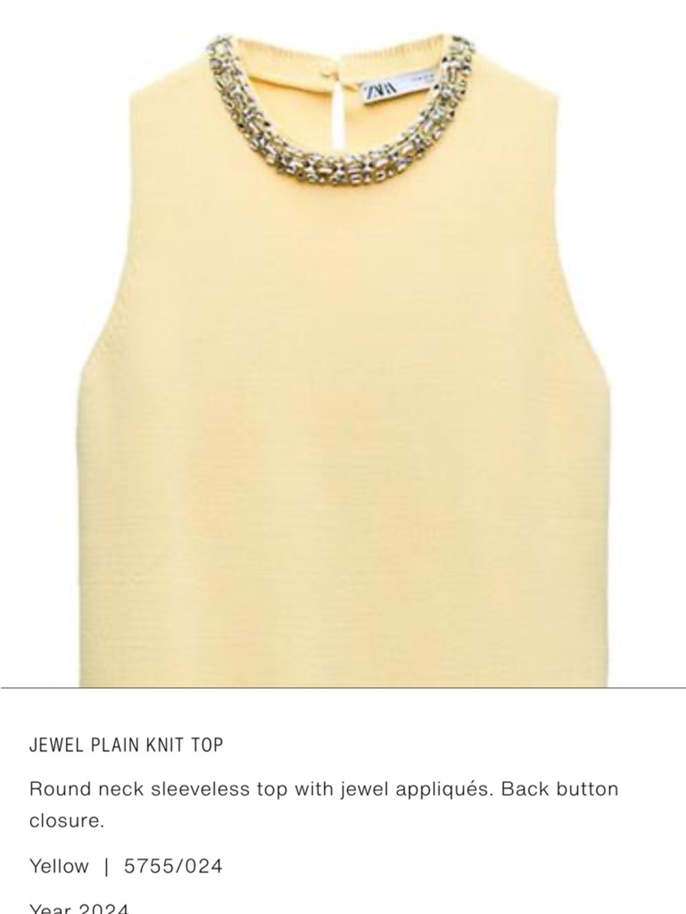 Zara Pale Yellow Sleeveless Knit Top with Jeweled Neck